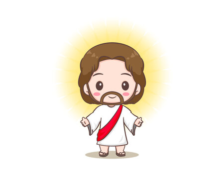 Cute Jesus Christ cartoon character. Hand drawn Chibi character, clip art, sticker, isolated white background. Christian Bible for kids. Mascot logo icon vector art illustration