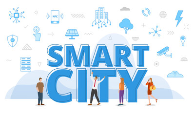 smart city concept with big words and people surrounded by related icon spreading with blue color