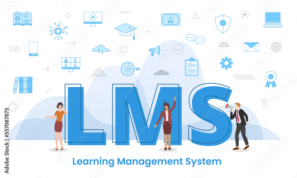 Poster lms learning management system concept with big words and people surrounded by related icon spreadin