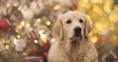golden retriever for new year and Christmas in a country house