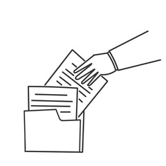 hand drawn doodle hand put the paper document in manila folder illustration