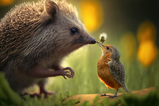 Hedgehog and bird. Animals in the wild. Comedy Wildlife image. Digital artwork