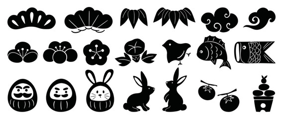 Fototapeta premium Happy new year element japanese year of the rabbit vector set. Hand drawn doodle japanese ornament, rabbit, flowers, clouds, persimmon fruits, bird, koi fish, daruma. Design for sticker, stamp, card.