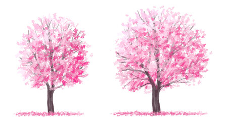 watercolor blooming flower tree side view isolated on white background for landscape and...