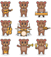 Vector Illustration of Cute Bear playing music instruments. Set of cute Bear characters. Cartoon animal play music. Animals musicians.