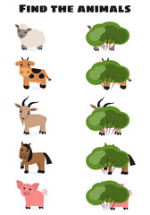 Obraz na płótnie Canvas Find the animals. Education game for kids. Farm animals.