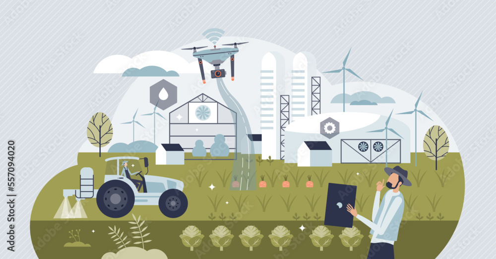 Poster future farm with autonomous robot agriculture monitoring tiny person concept. smart and effective fi