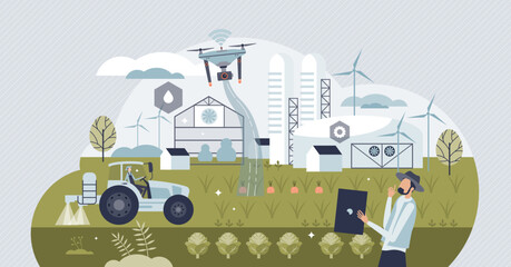 Fototapeta na wymiar Future farm with autonomous robot agriculture monitoring tiny person concept. Smart and effective field harvesting, watering and soil control with drones and high technology usage vector illustration