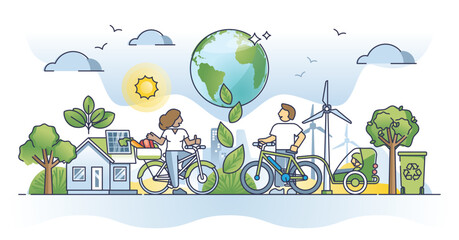 Sustainable lifestyle with ecological and organic community outline concept. Environmental and nature friendly ecosystem with vegan society that saves electricity and resources vector illustration.
