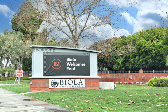 LA MIRADA, CALIFORNIA - 28 DEC 2022: Sign at the entrance to Biola University, founded in 1908 as the Bible Institute of Los Angeles.