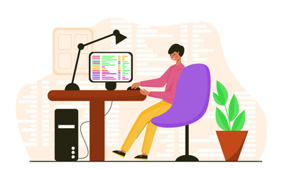 Coder man working in front of computer at home. Web developer work on desk Illustration Flat design character. Vector Illustration.