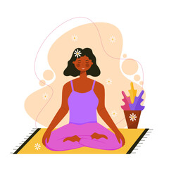 Woman meditating at home. Girl do yoga. Flat illustration character vector art.