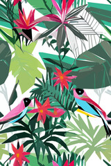 Beautiful textile pattern with bird, flowers and leaves. Floral plant pattern for fabric. Vector background for your design.