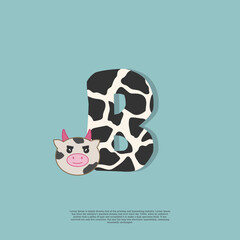 cow skin letter B with cute cow sticker doodle icon