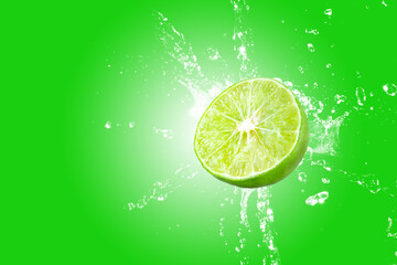 Lemon splash on green background. Green lime splashing.