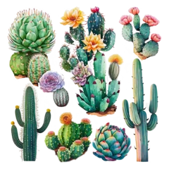 Foto op Canvas Watercolor cactus stickers illustration Generative AI and manual enhance background removed © pham