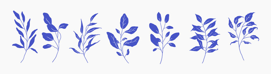 Set of greenery silhouette floral branch, leaf, plants. Botanic delicate blue foliage leaves. Hand drawn vector illustration