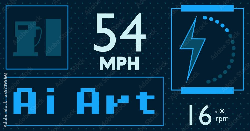 Poster hybrid car dashboard with ai art text. digital graphical user interface animation.