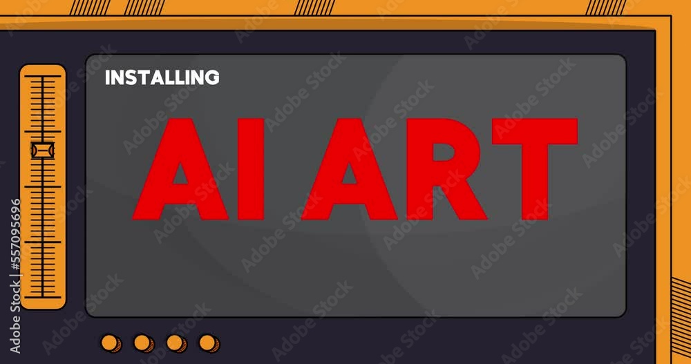 Poster cartoon computer with the word ai art. video message of a screen displaying an installation window.