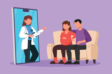 Character flat drawing female doctor comes out from smartphone screen facing and gives consultation to couple patient with pregnant wife. Online digital healthcare. Cartoon design vector illustration
