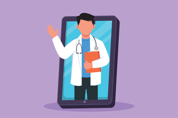 Graphic flat design drawing young male doctor comes out of smartphone screen holding clipboard. Online medical app services. Digital healthcare consultation metaphor. Cartoon style vector illustration