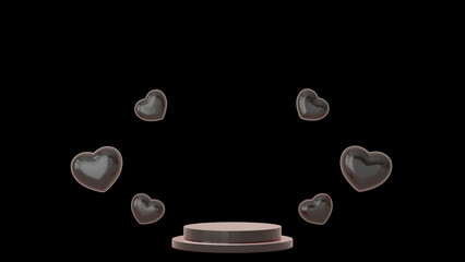 Valentines Day podium abstract. scene with Valentines object and black background, pink heart product display, luxury 3d render. stand for Valentines gift, showcase, cosmetic, podium product.