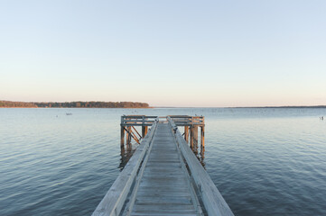 dock on lake cold winter morning