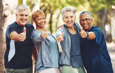 Senior fitness group, thumbs up and portrait with smile, diversity and happiness in park for wellness. Happy workout friends, retirement and hand gesture for motivation, teamwork and focus for health