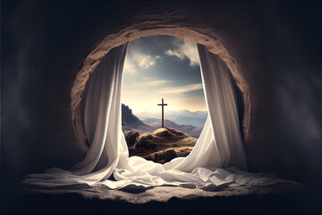 Empty Tomb and Crucifixion at Sunrise with White Robe - Resurrection of Jesus Christ, Easter, Cross, Made by AI, Artificial intelligence