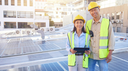 Solar energy, building and engineer team portrait with tablet, smile or rooftop for sustainability....