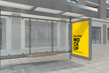 Bus Stop Billboard Bus Shelter Sinage Mockup 3d rendering