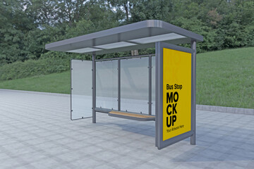 Naklejka premium Bus Stop Billboard Bus Shelter Sinage Mockup 3d rendering