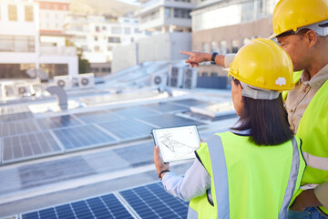 Engineer, back or woman with man, solar energy or sustainable power inspection. Technician, male or...