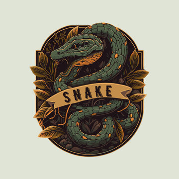Green snake crawling character logo mascot badge in cartoon style