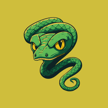 Green snake crawling character logo mascot badge in cartoon style