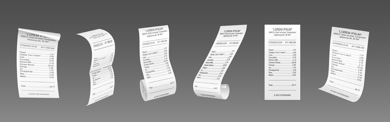 Realistic set of receipt paper templates isolated on grey background. Vector illustration of payment confirmation document mockup from shop, restaurant, bank. Rolled, side and front view of bill