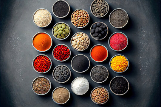 Superfoods and cereals selection in bowls