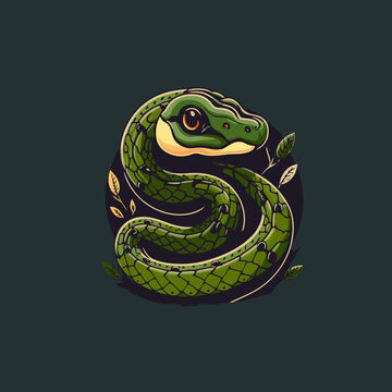 Green snake crawling character logo mascot badge in cartoon style