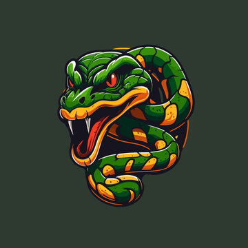 Green snake crawling character logo mascot badge in cartoon style
