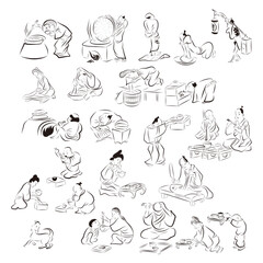 飯屋店で働く人たちと、食事を食べる人の可愛いイラスト　
A cute illustration of people who work at a Japanese restaurant and people who eat.