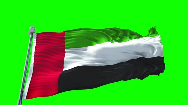 United Arab Emirates or UAE Flag Green Screen flagstaff. Slow motion seamless loop. Green Key Video.