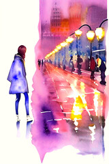 girl, alone, in the city, in the rain. sketch of watercolor paint on wet paper.  AI generated