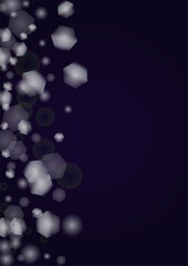 Vector Magical Glowing Background with Silver and Purple Falling Hexagon Snowflakes on Black. Falling Snow. Glittery Confetti Frame. Cosmic Bokeh Light. Christmas and New Year Poster. Winter Sky..