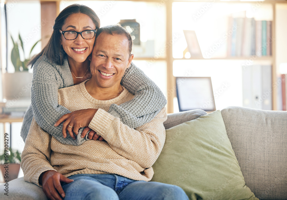 Poster House, relax or mature couple hug on a lovely, peaceful or calm holiday vacation or weekend in Lisbon, Portugal. Portrait, support or happy woman enjoying quality bonding time with a senior partner