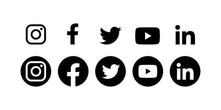 Social media icons facebook, twitter, instagram, youtube, linkedin in one color for apps and websites. Social network symbols for connecting blogs, websites, and videos.