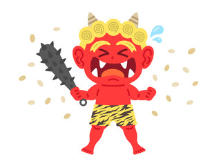 節分で豆を投げられる、赤鬼のキャラクターのイラスト