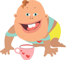 The kid has fun, smiles and enjoys a cup of milk