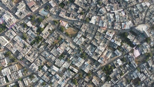 Ahore, Rajasthan, India 28th December 2022: 4k Drone shot of Ahore or Ahor is a town in the Jalore District of the Indian state of Rajasthan. Old villages of Rajasthan. View of colorful houses.