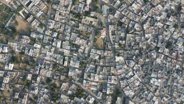 Ahore, Rajasthan, India 28th December 2022: 4k Drone shot of Ahore or Ahor is a town in the Jalore District of the Indian state of Rajasthan. Old villages of Rajasthan. View of colorful houses.