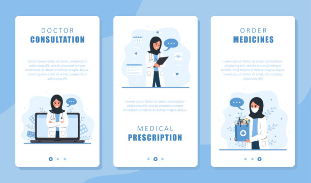 Online medicine service set. Arabian woman doctor giving virtual medical consultation and digital prescription. Delivery medicines. Telemedicine concept. Vector illustration in flat cartoon style.